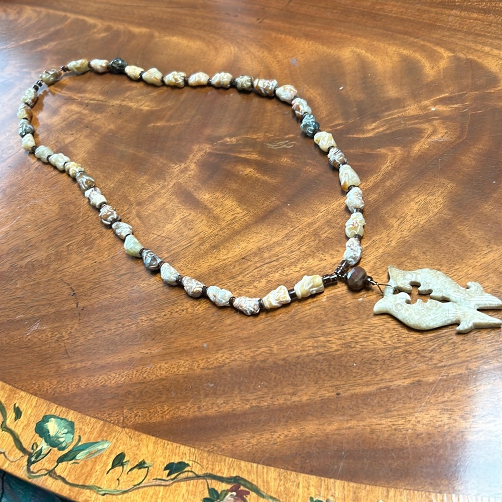 Stone Fish Pendant Necklace - Hand Carved Monkey Beads